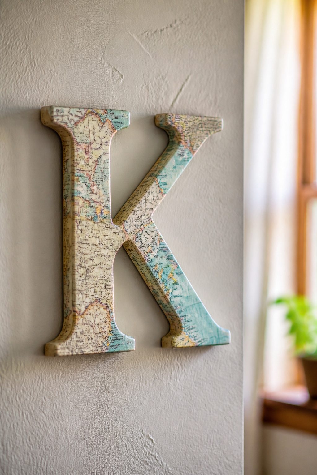 A cardboard letter decoupaged with vintage maps.