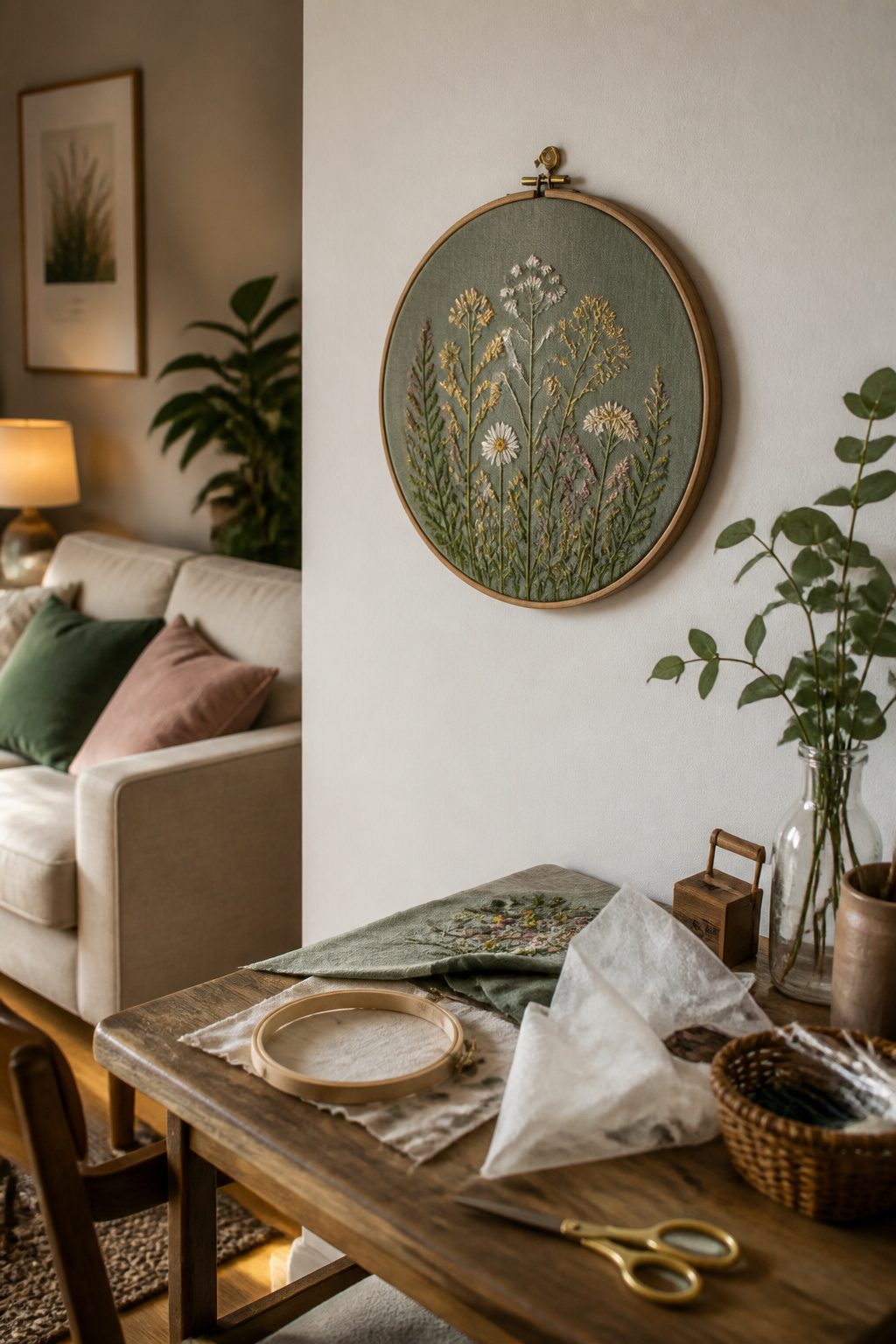An embroidered wall hanging displayed in a hoop.