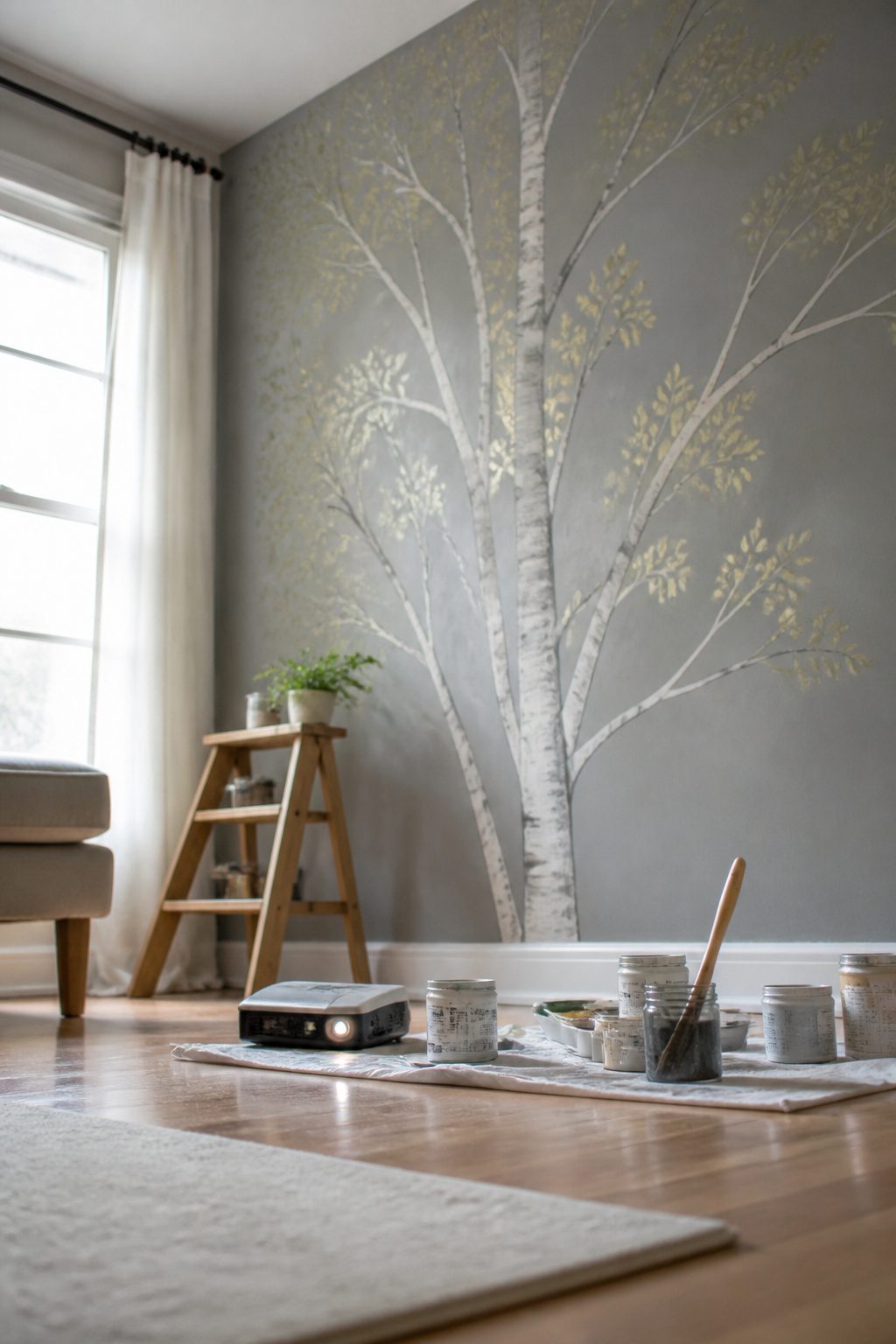 A wall mural traced with a projector in a bedroom.