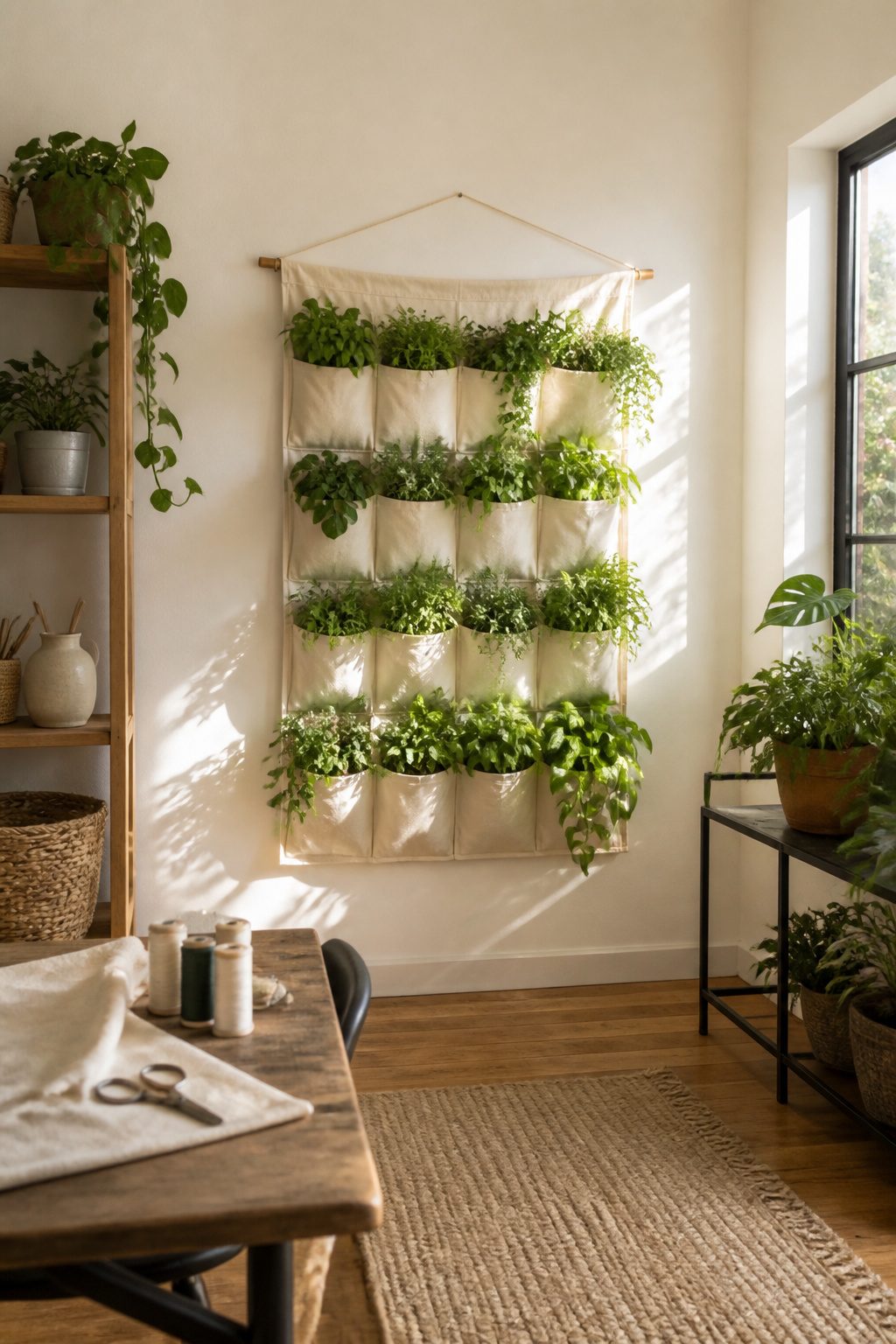 Fabric wall planters with grommets for hanging.