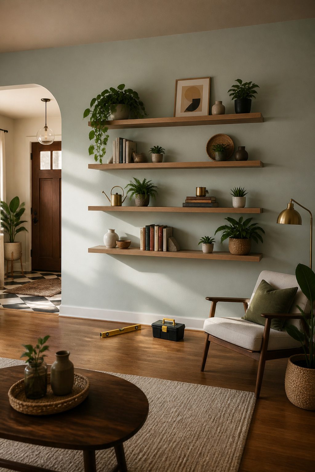 Floating shelves holding books and decorative items.