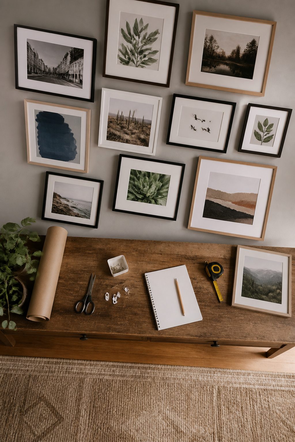 Frames arranged on a wall using paper templates.