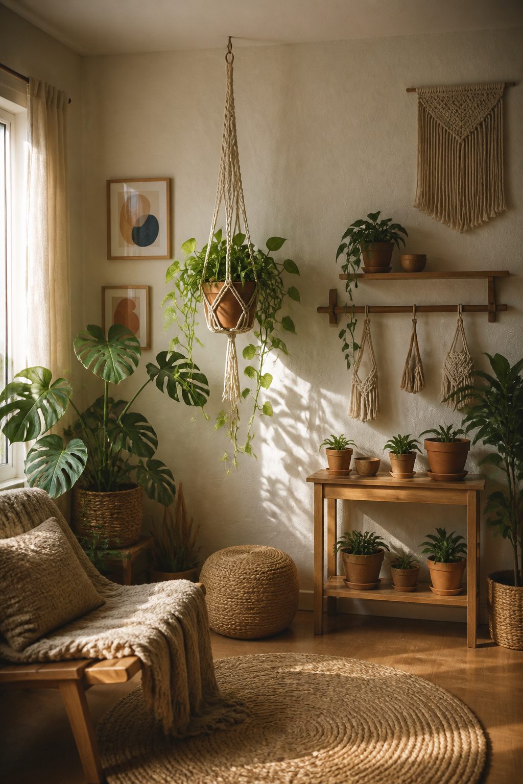 A macrame plant hanger holding a terracotta pot.