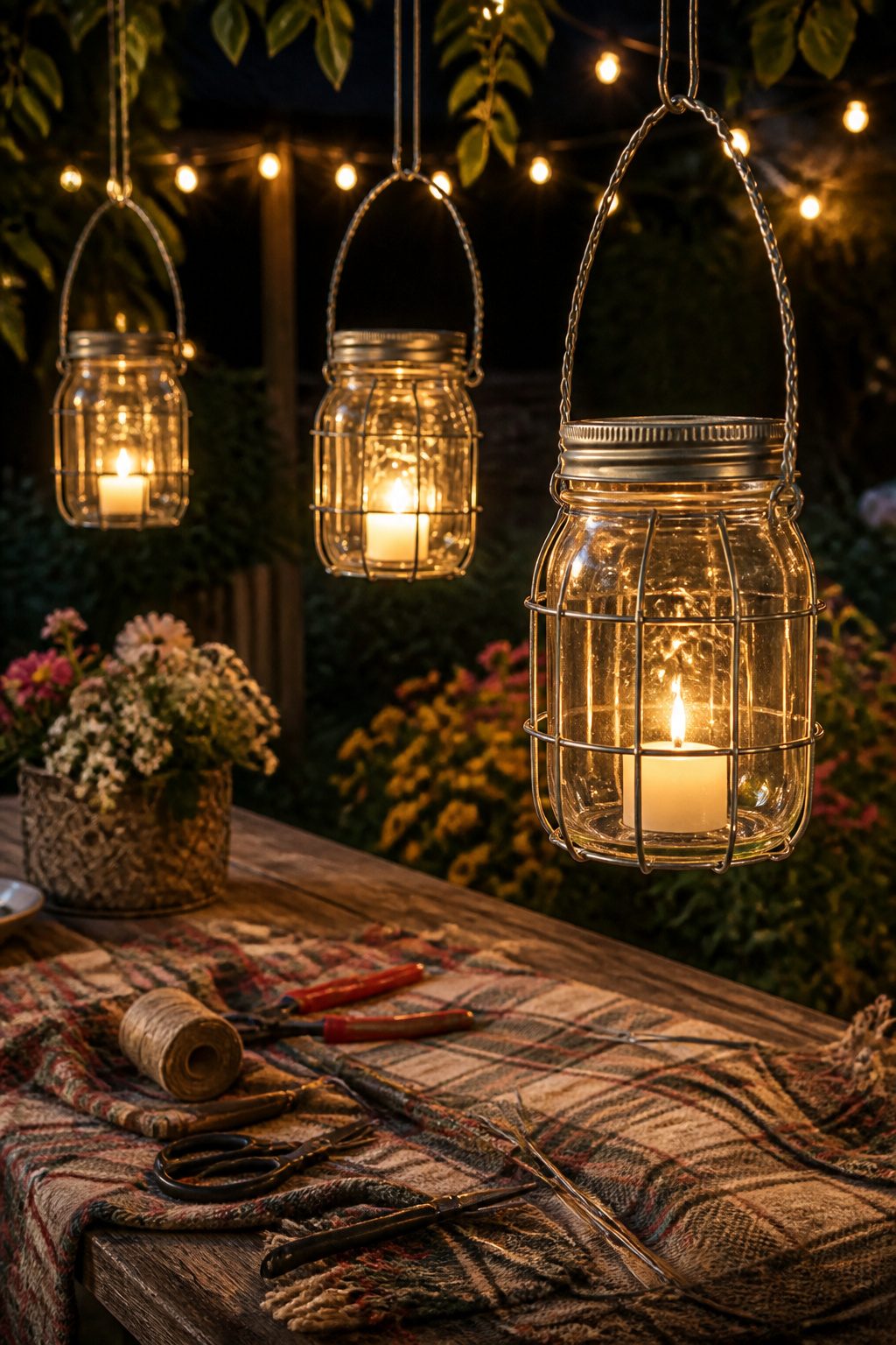 Hanging mason jar lanterns illuminated with LED lights.