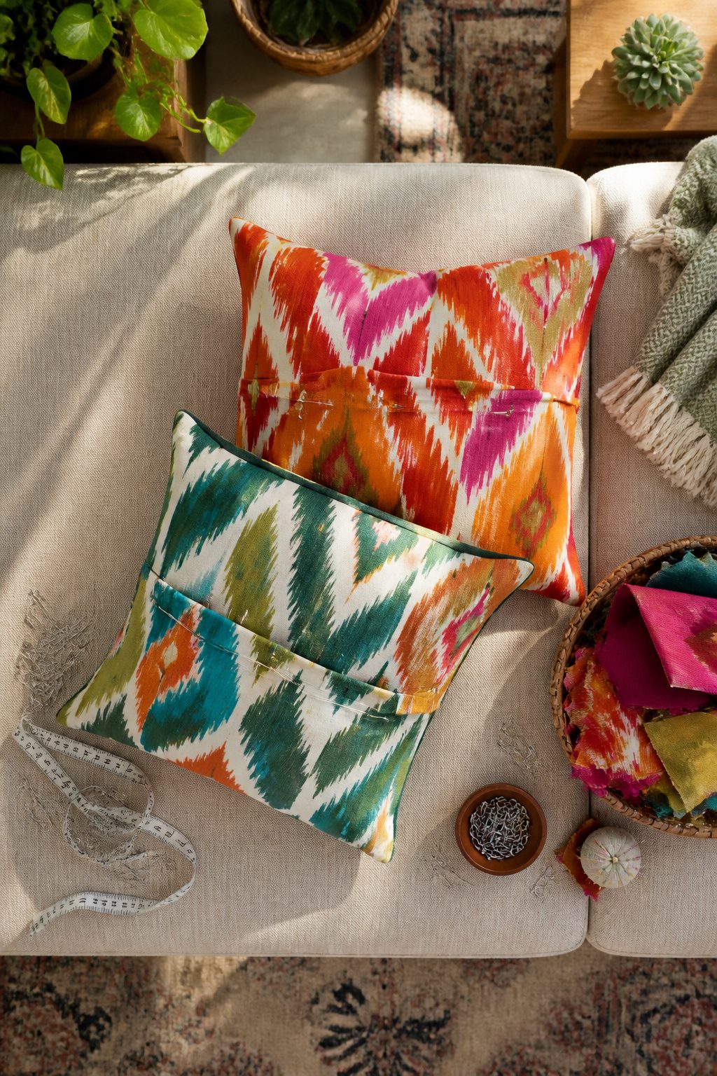 Cushion covers made without sewing on a sofa.
