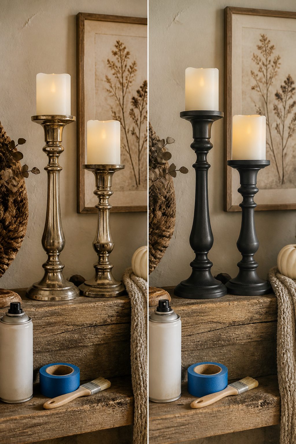 Brass candlesticks painted in different colors on a table.