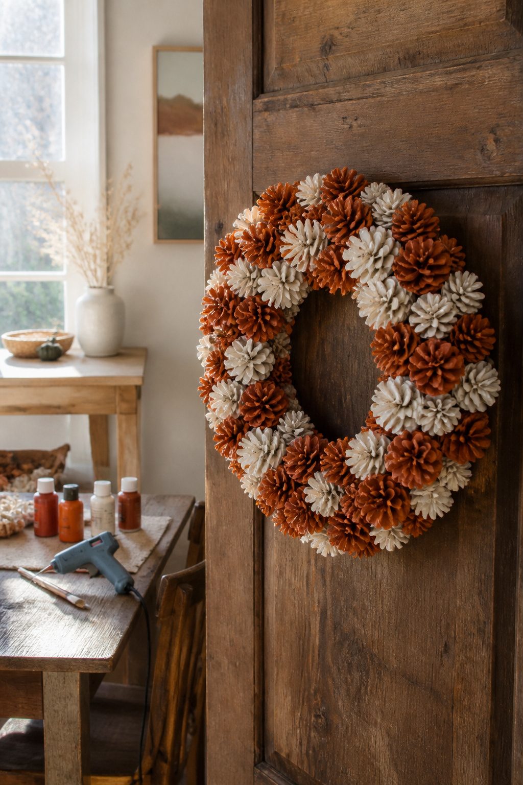 A wreath made of painted pinecones on a wooden door.