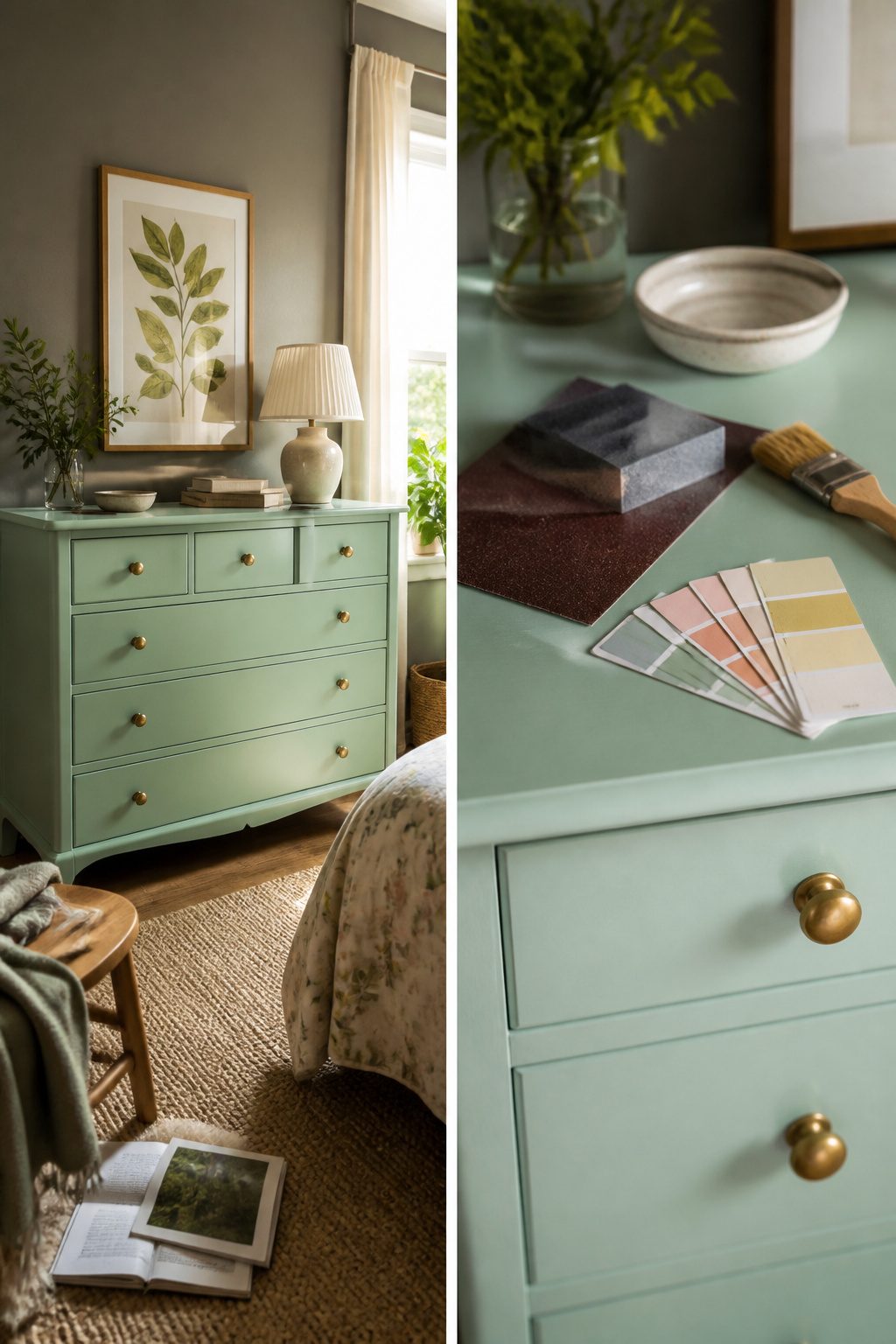 A painted laminate dresser after upcycling.