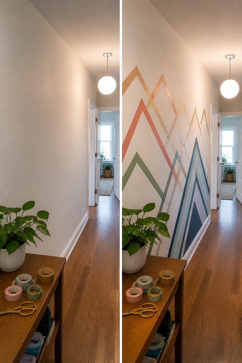 Geometric designs made of washi tape on a wall.