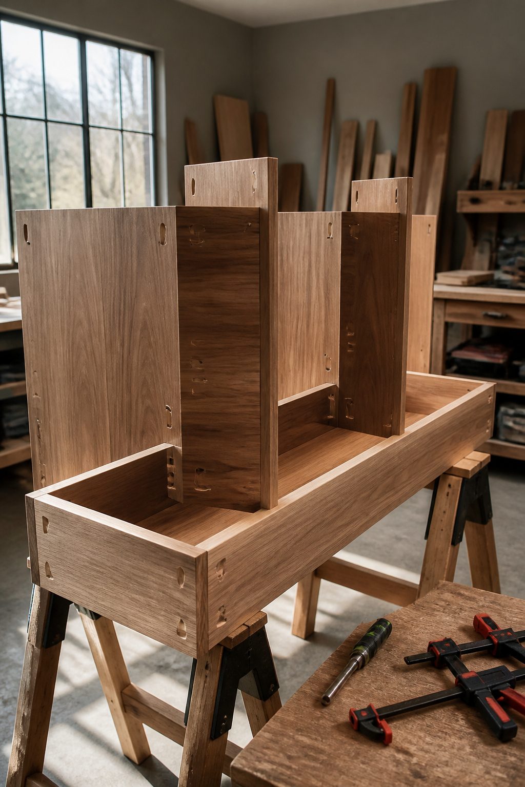 Close-up of pocket holes drilled into shelf boards on a workbench.