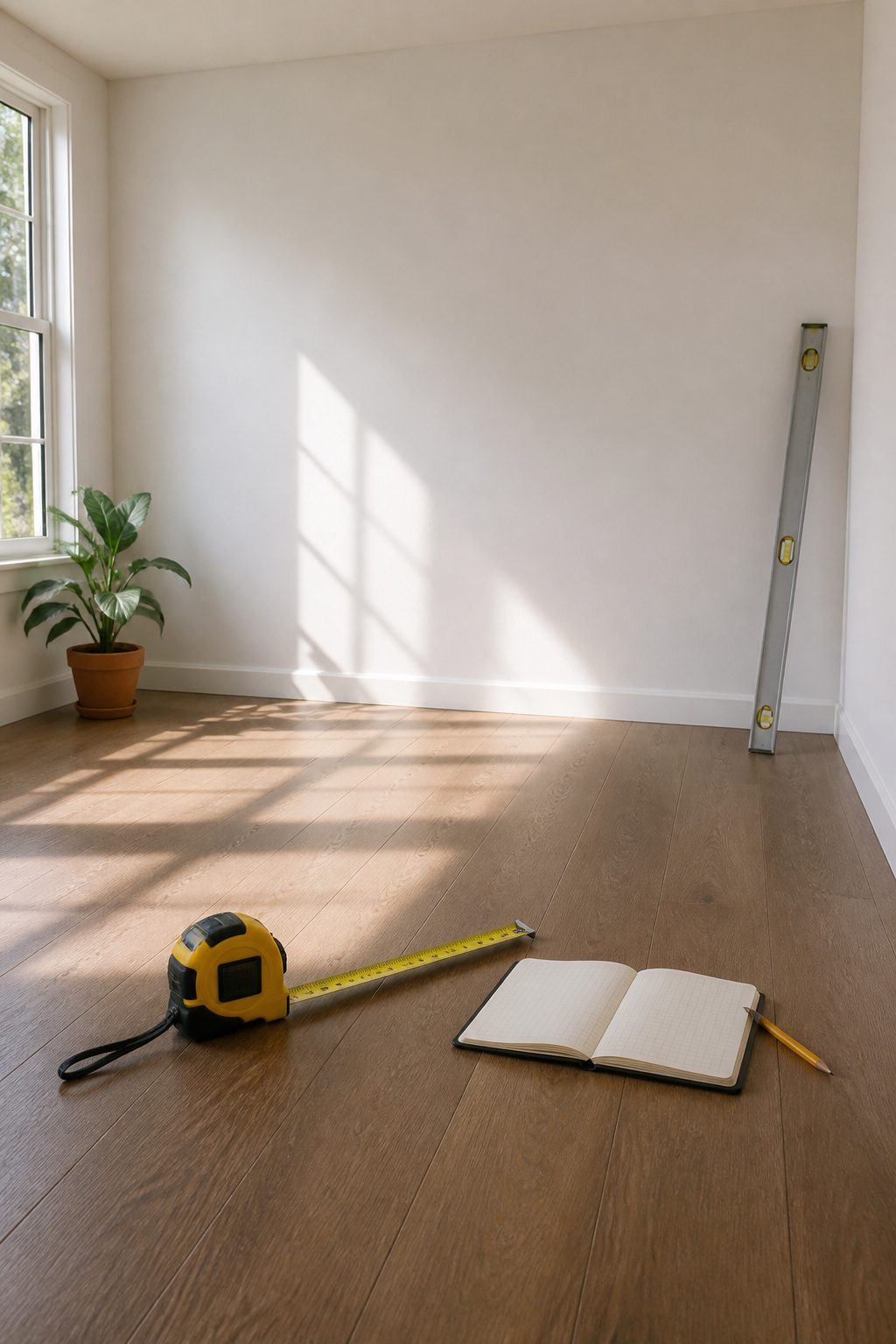 A tape measure placed on a table with plywood sheets in the background.