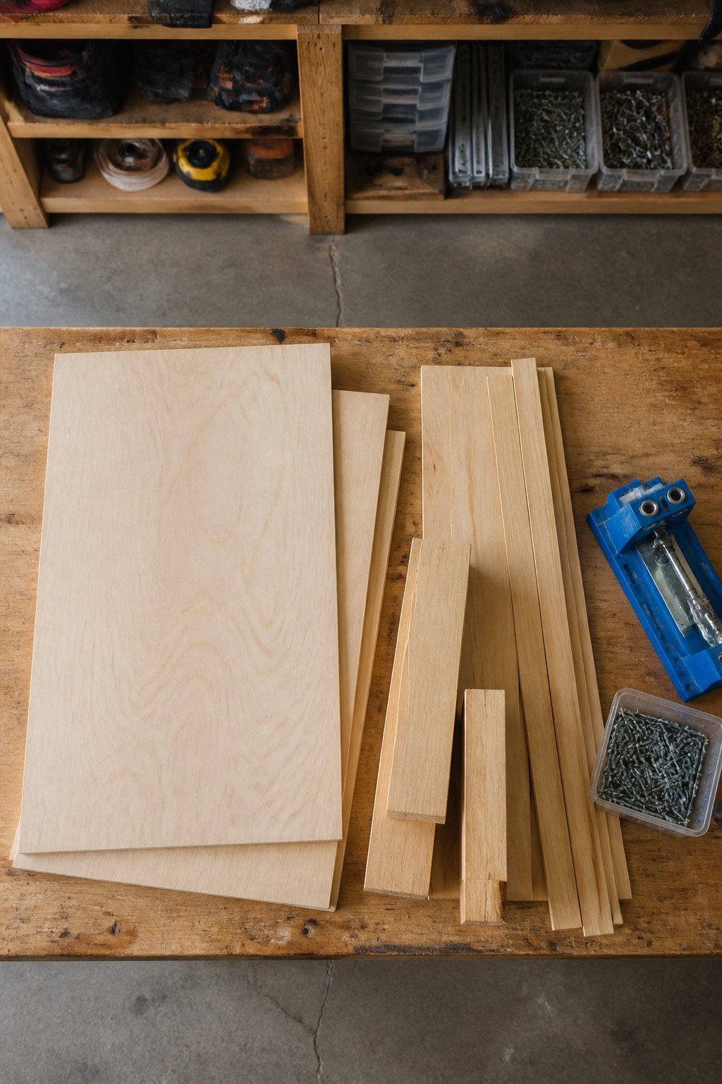 Three sheets of plywood and various tools arranged on a work table.