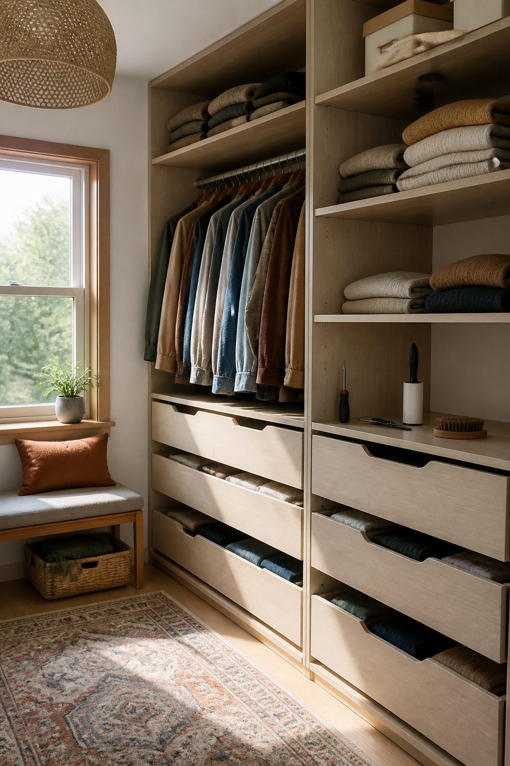 A tidy closet with drawers and a lint roller placed on a shelf.