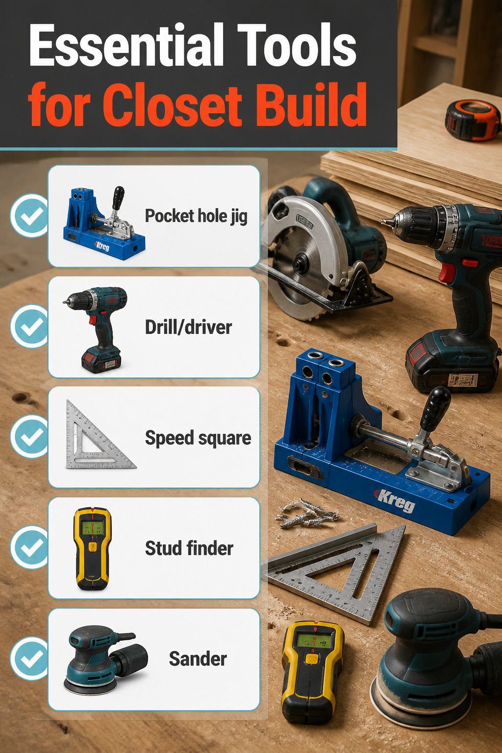A collection of tools including a pocket hole jig and drill on a table.
