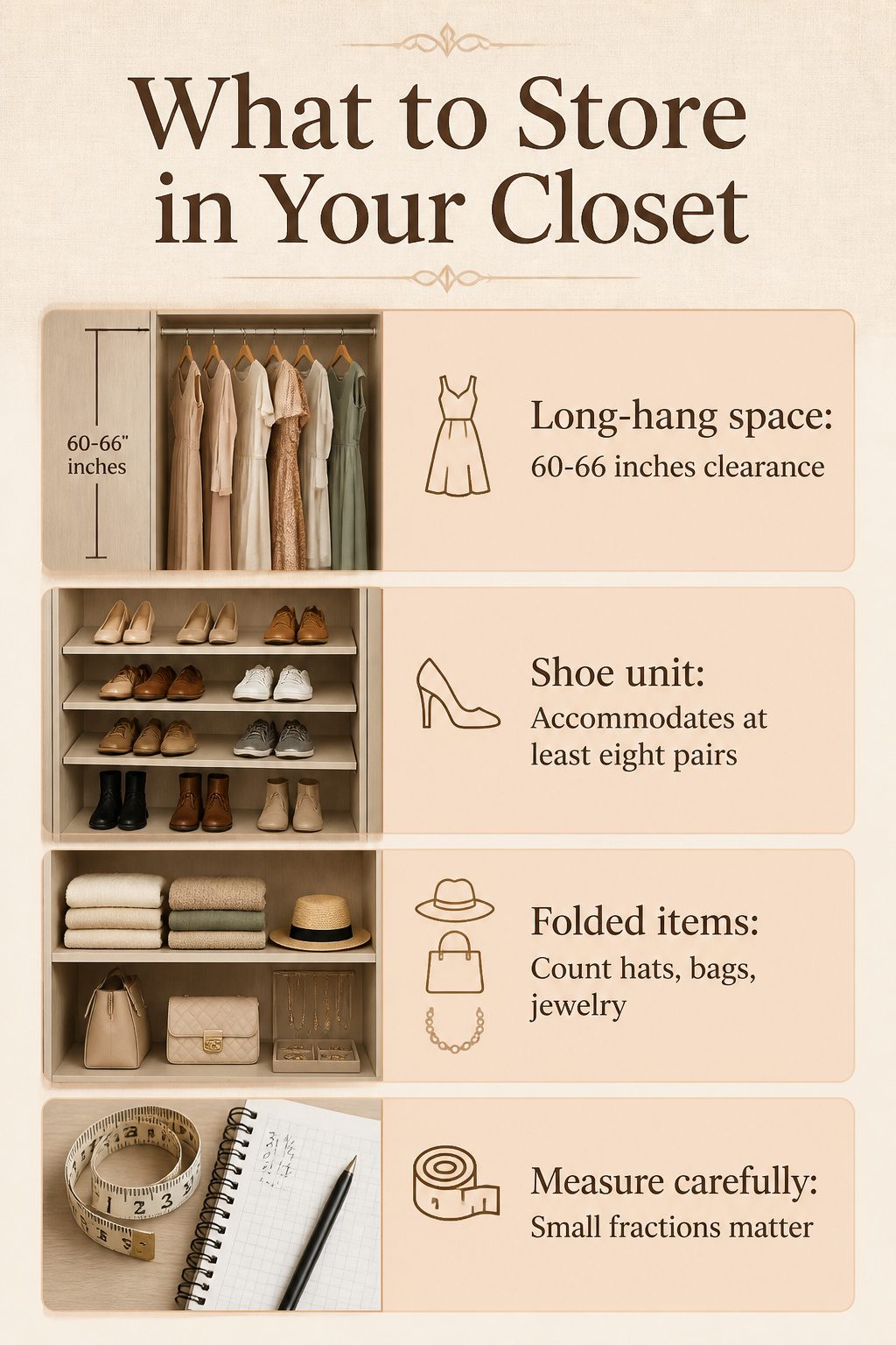 A closet with organized sections for long hang, double hang, and shoes.