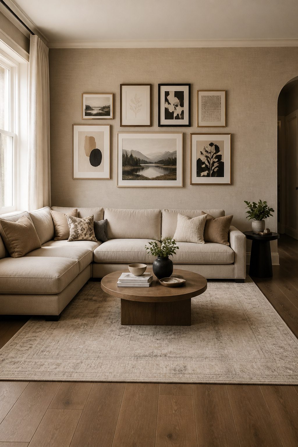 Gallery wall positioned above a sofa with proper spacing.
