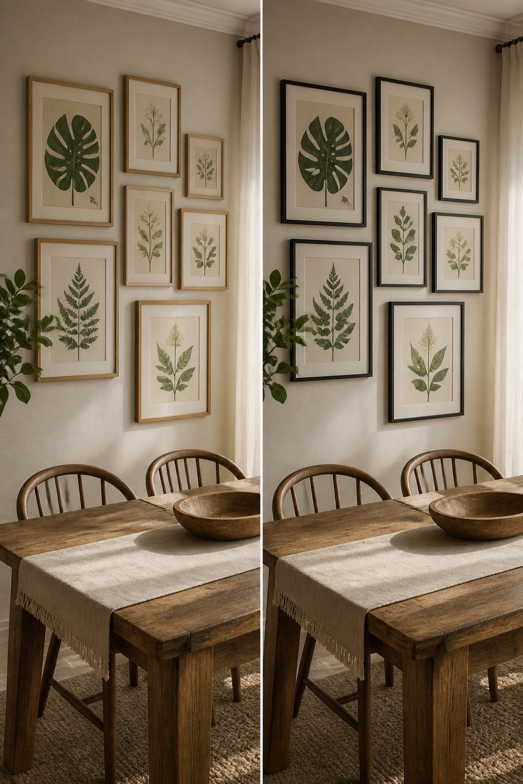 Gallery wall with botanical prints arranged in different frame sizes.