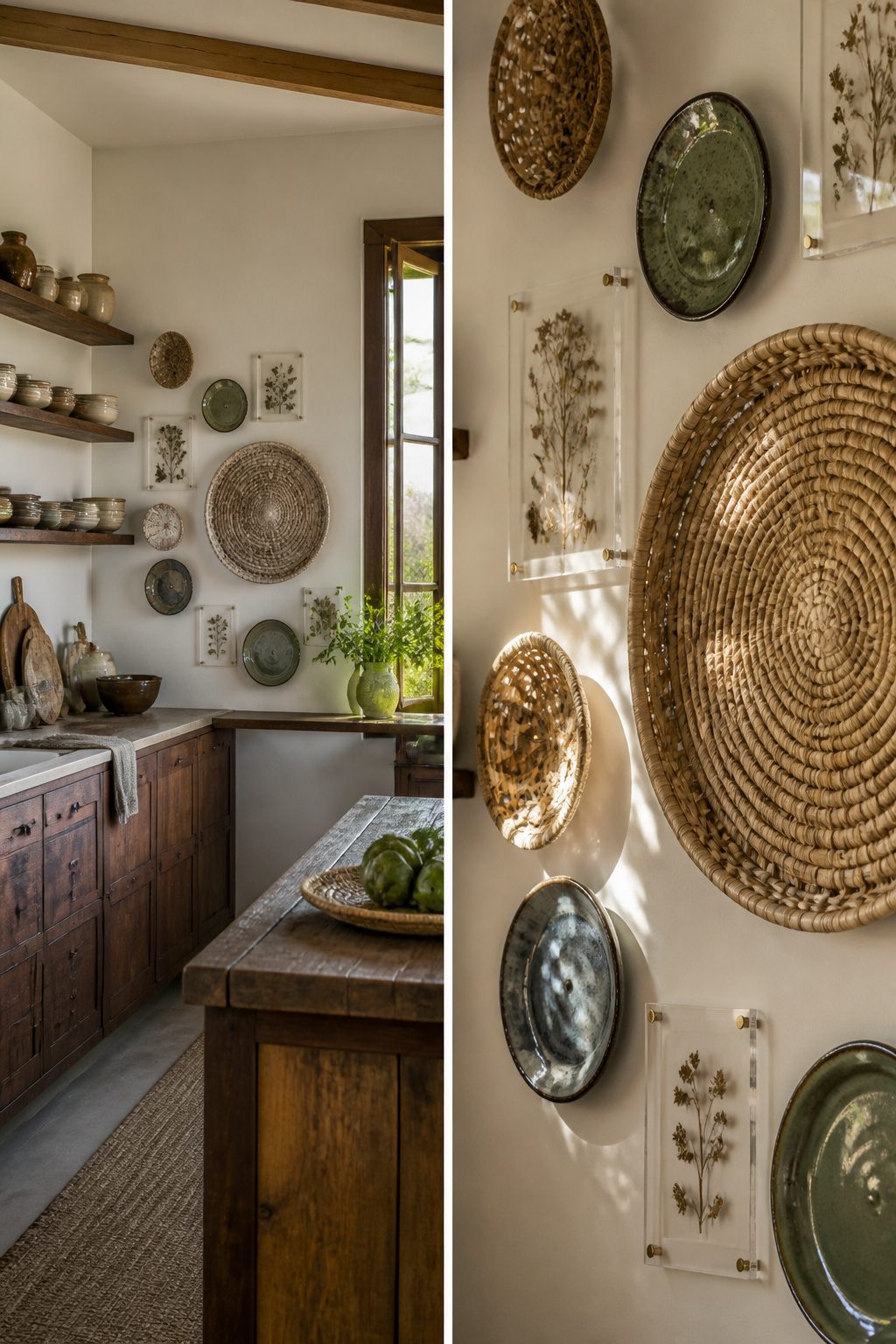 Gallery wall with woven baskets, ceramic plates, and pressed botanicals.