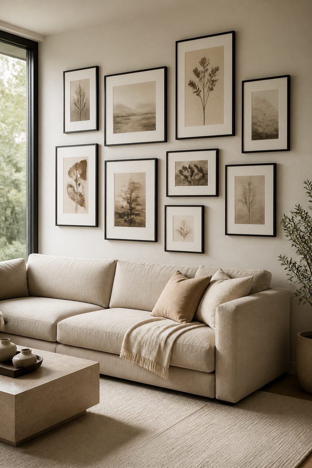 Gallery wall featuring black frames and sepia-toned prints.
