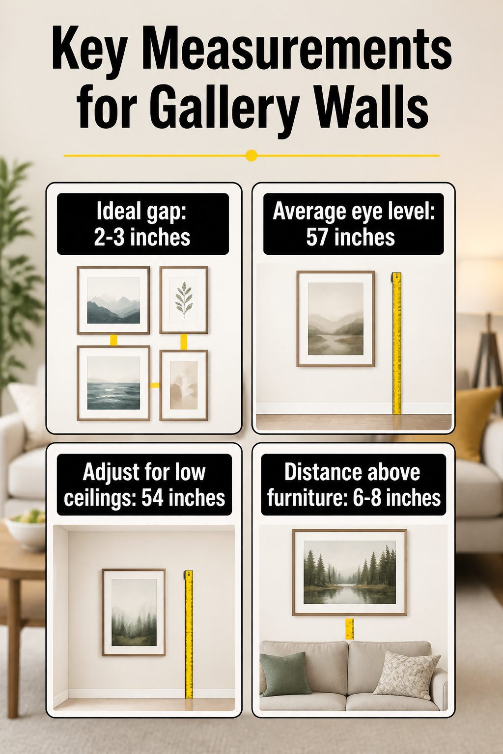 Information image showing measurements for spacing gallery wall frames.
