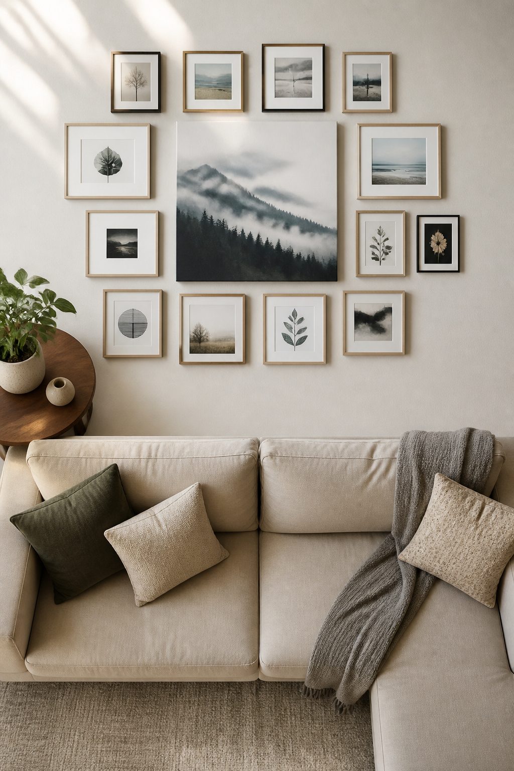 Symmetrical gallery wall featuring evenly spaced frames around a central piece.