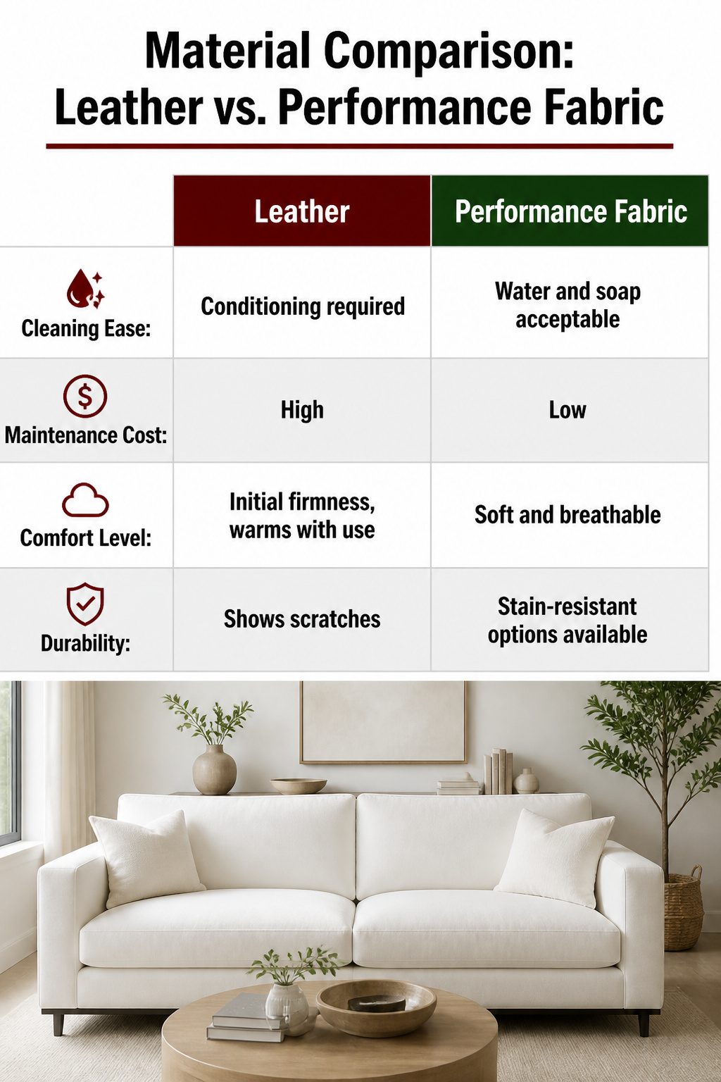 Comparison of leather versus performance fabric for sofas.