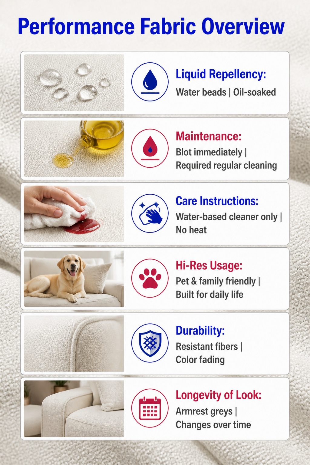 Overview of performance fabric features for white sofas.