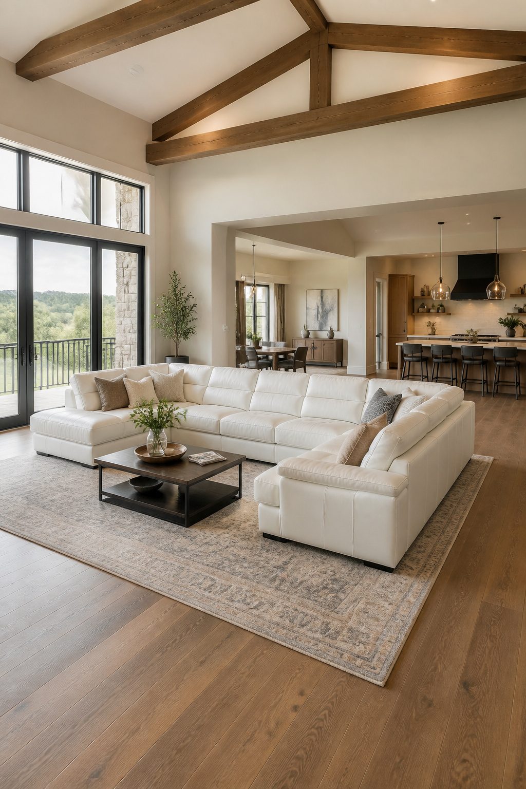 A white leather sectional sofa in a spacious living area.