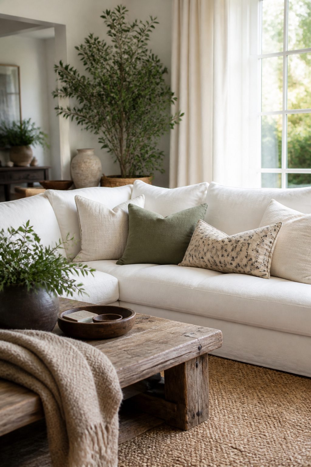 A white sofa with inviting down-filled cushions in a sunny room.