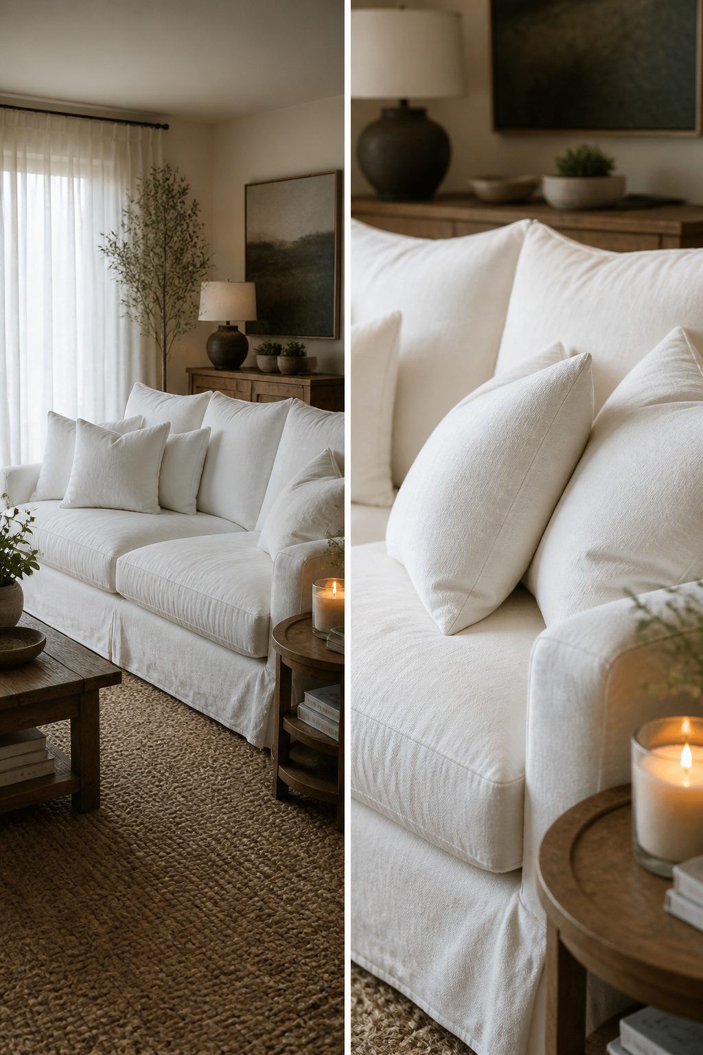 A white sofa featuring loose back cushions in a cozy room.