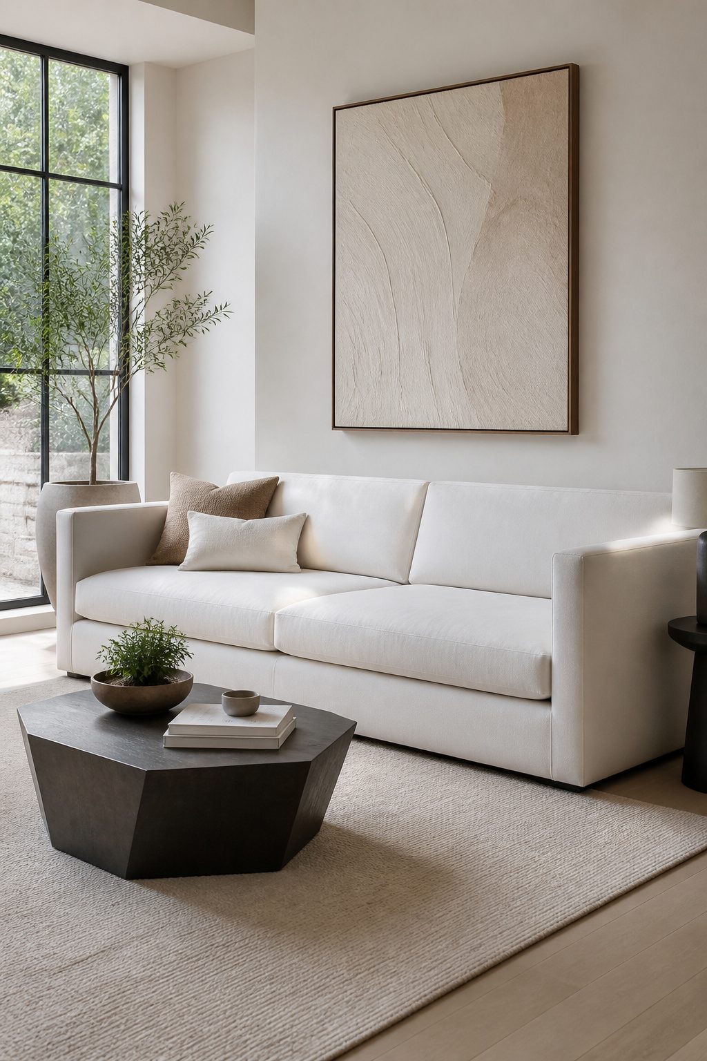 A white sofa with recessed arms in a minimalist living area.
