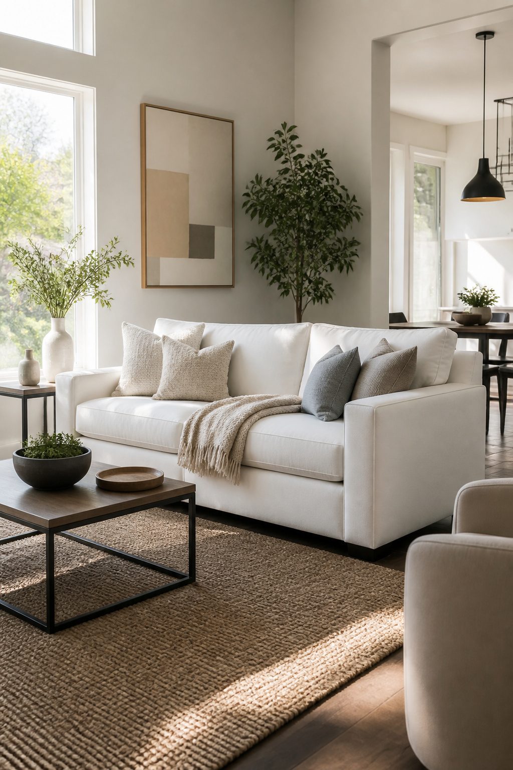 A white sofa made from stain-resistant fabric in a bright room.