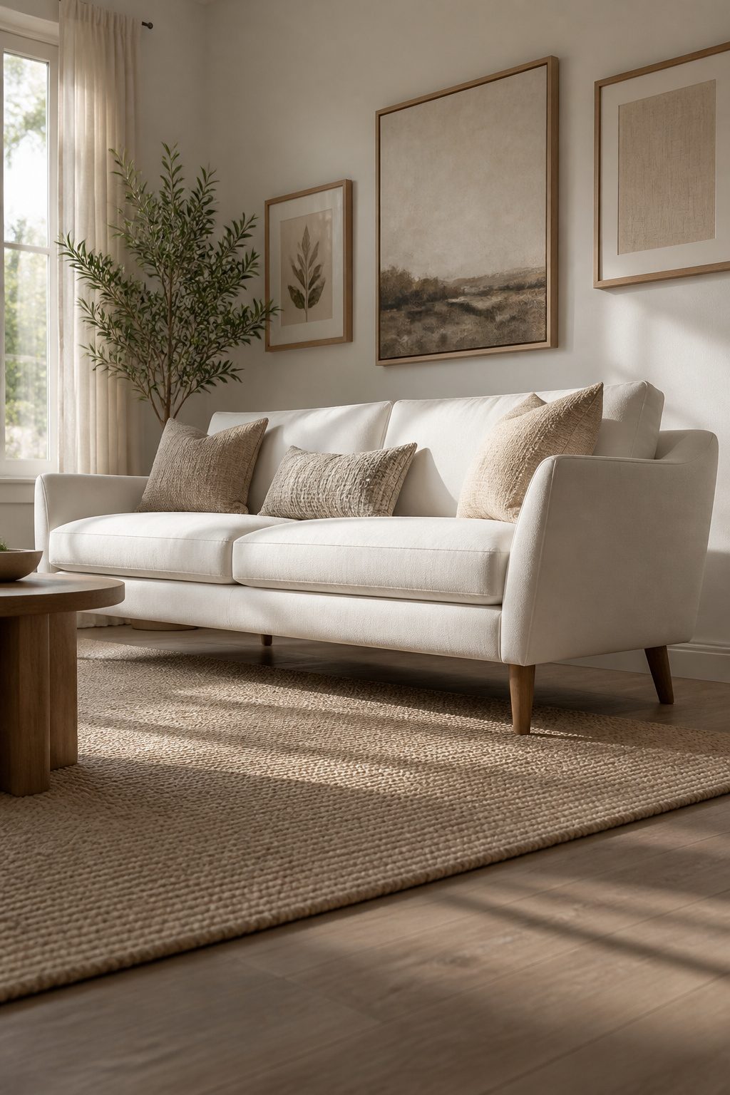 A white sofa with tapered legs in a modern living space.