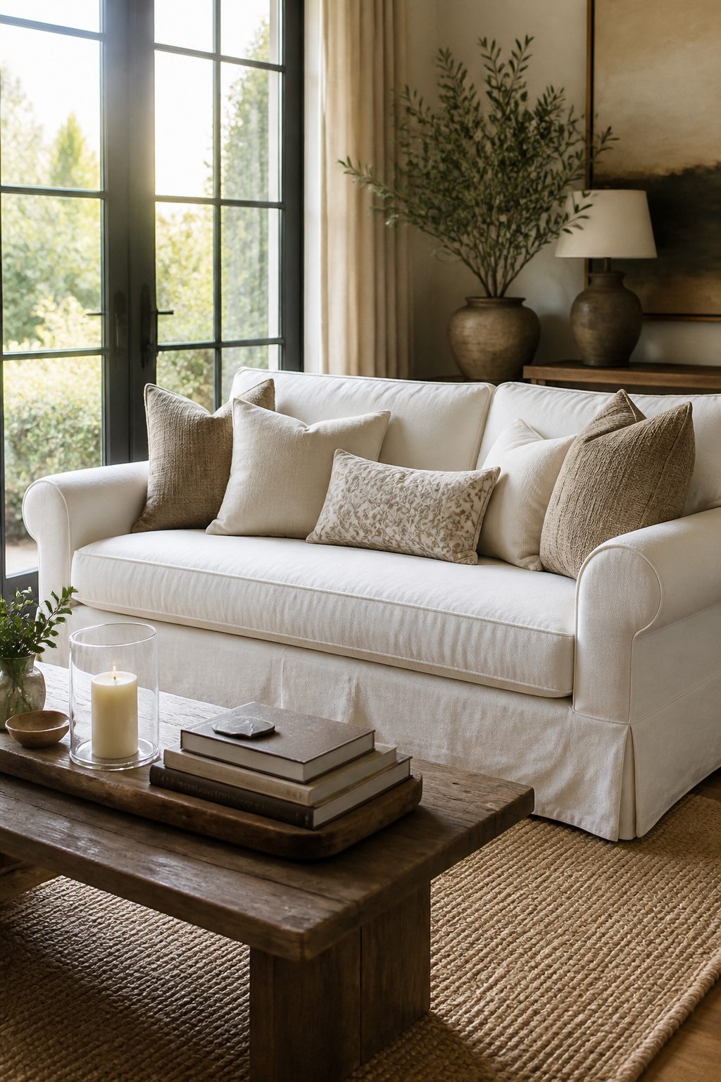 A traditional white sofa with rolled arms and a tailored skirt.