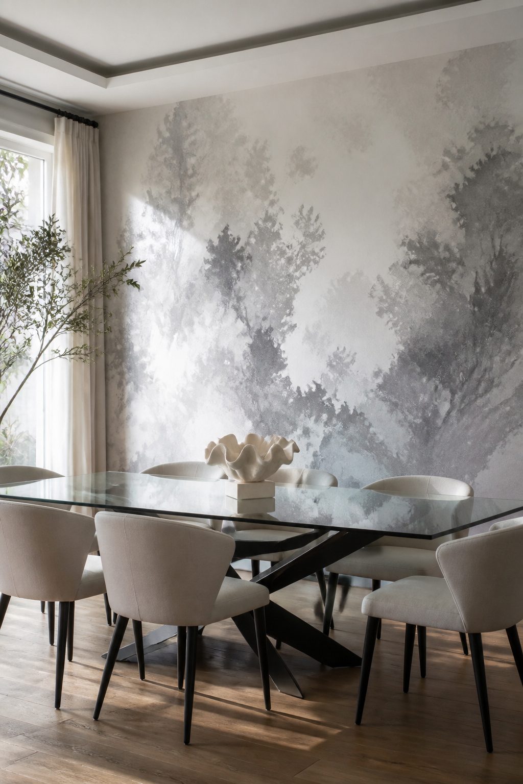 Dining area featuring an abstract gray mural on the wall.