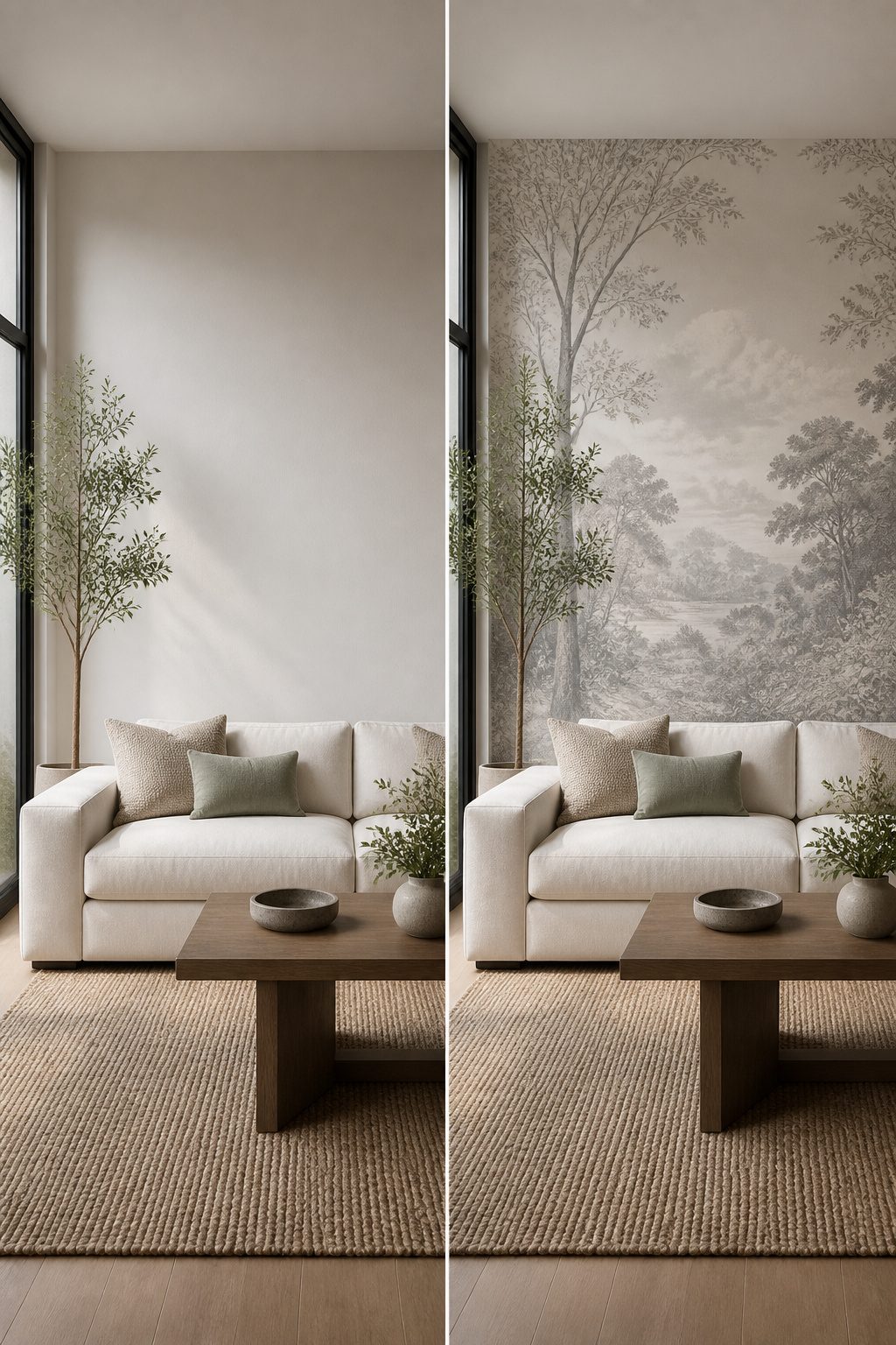 Printed grisaille mural wallpaper displayed for selection.