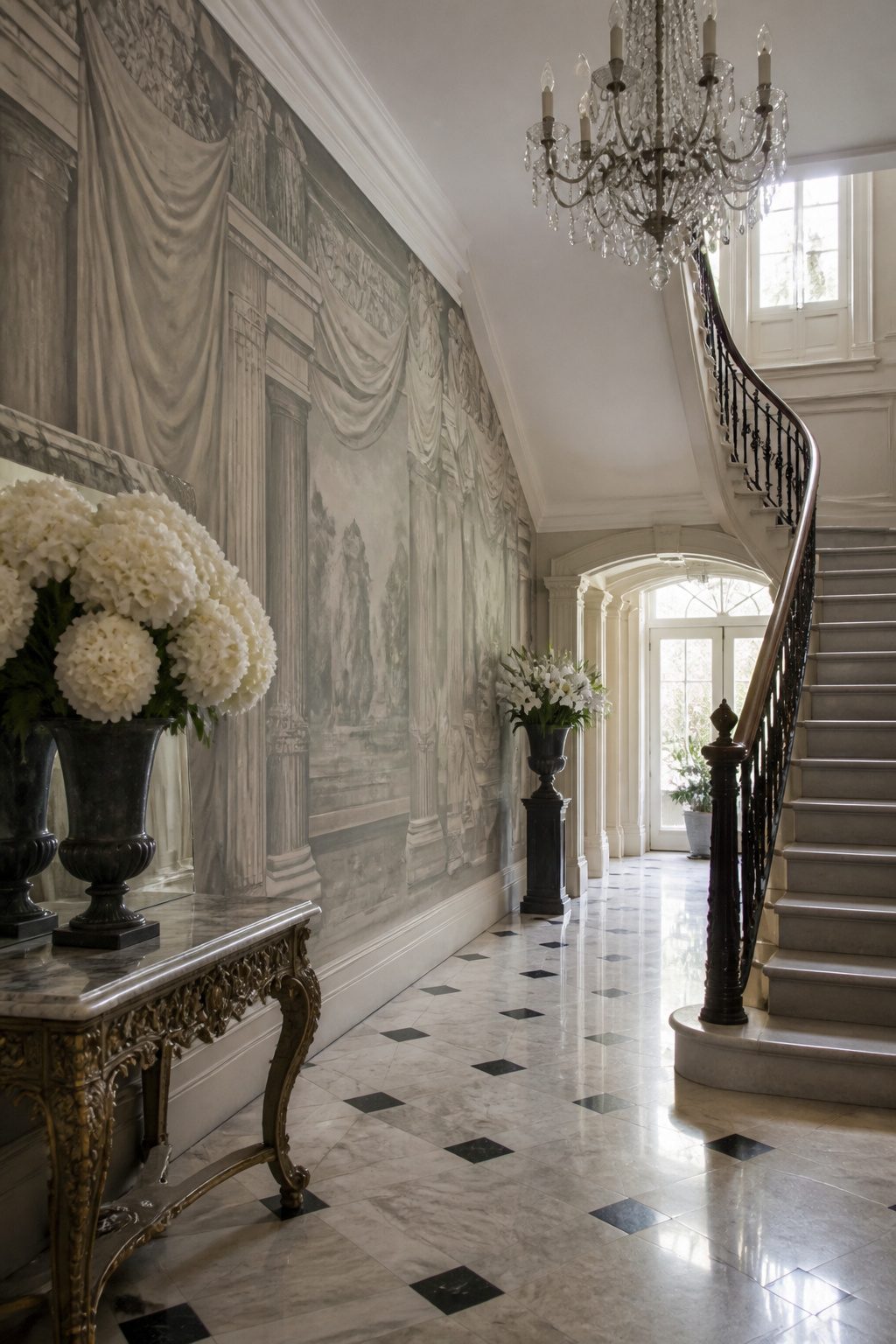 Entryway with a luxurious hand-painted grisaille mural.