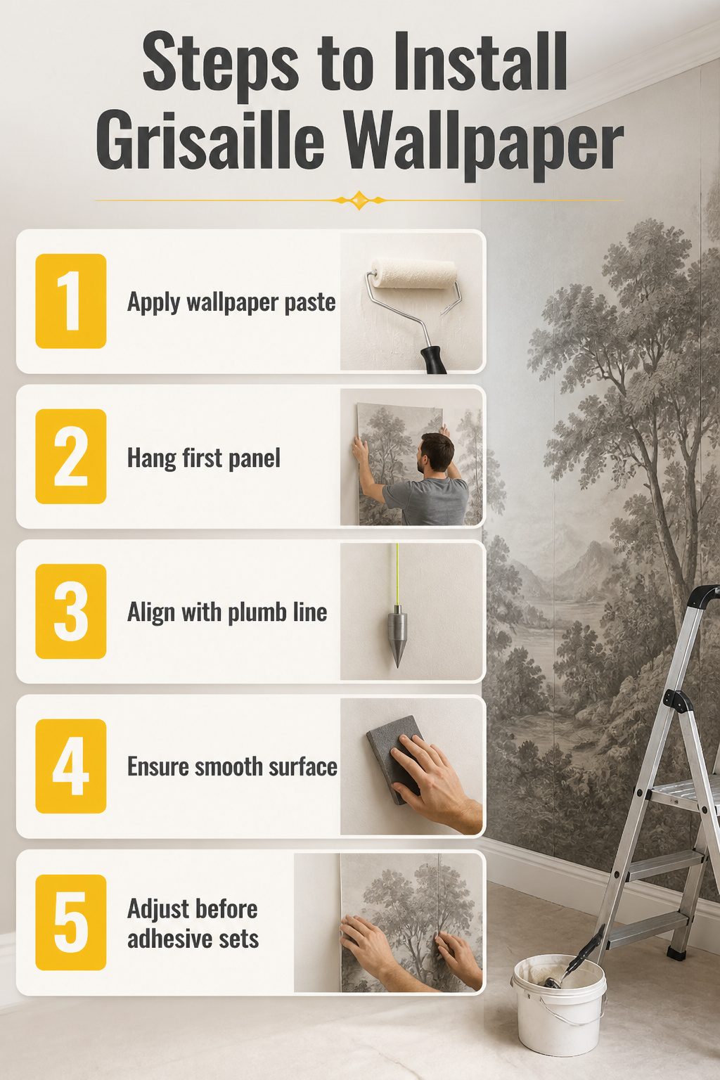 Guide for installing grisaille mural wallpaper on a wall.