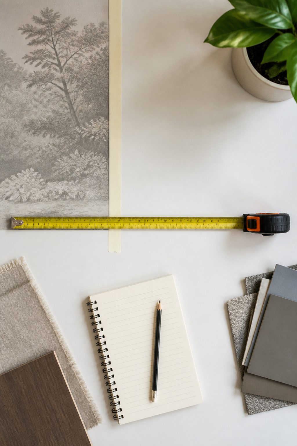 Tools and materials laid out for measuring a wall.