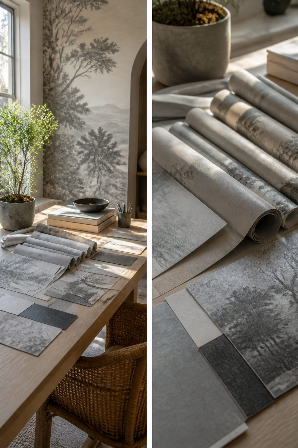 Samples of grisaille mural wallpaper taped to a wall.