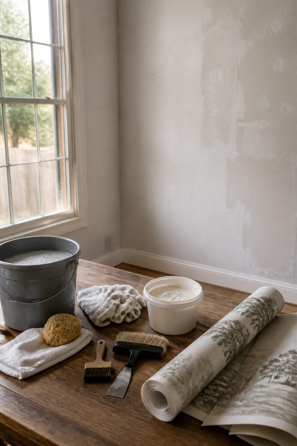 Tools and cleaning supplies for wall preparation.