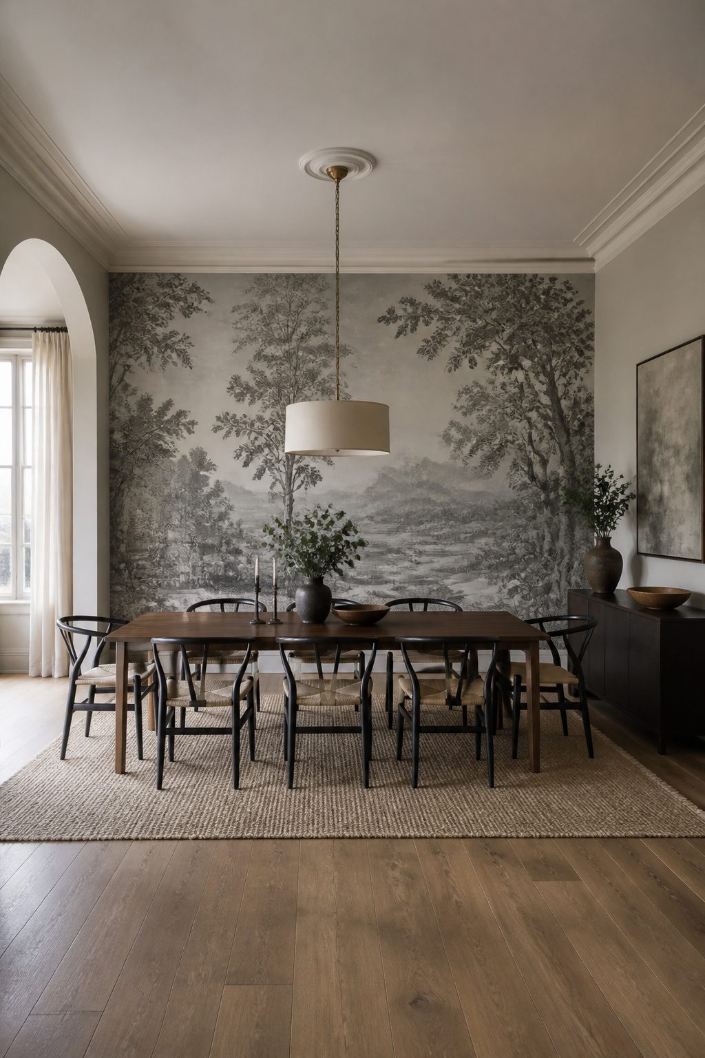 Dining room with grisaille mural providing subtle depth.