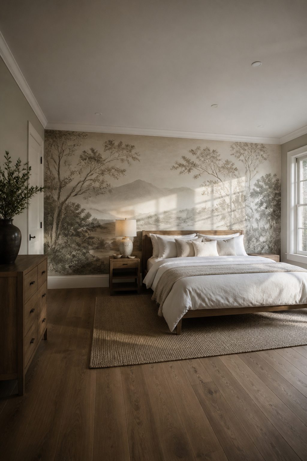 Bedroom wall covered with a landscape grisaille mural.