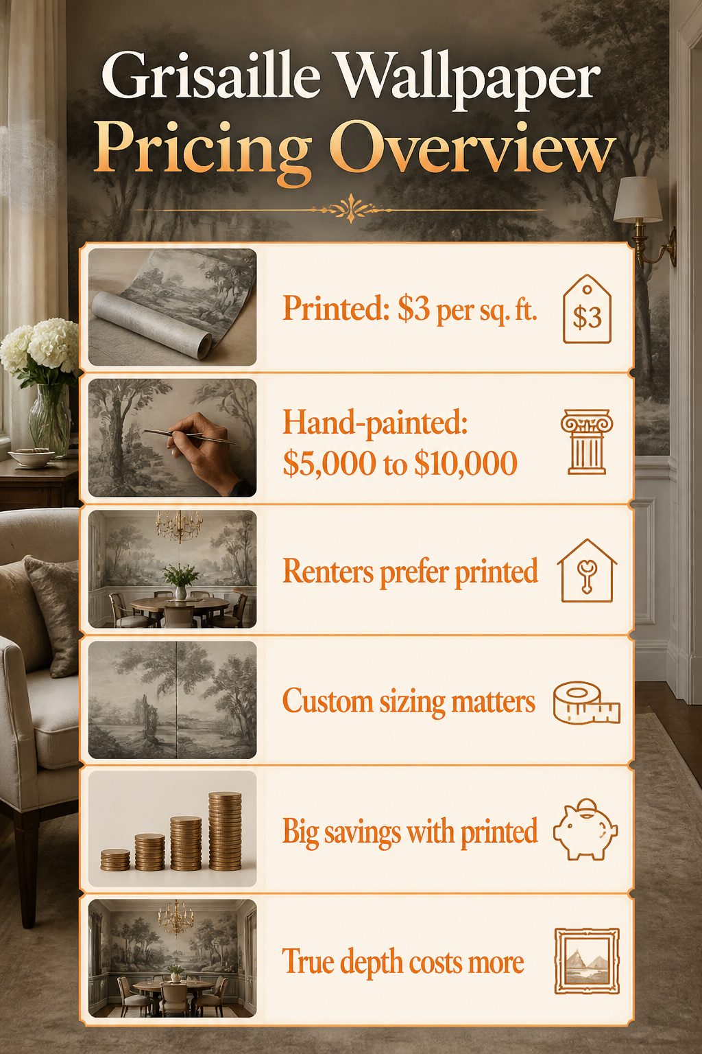 Cost comparison for grisaille wallpaper options.
