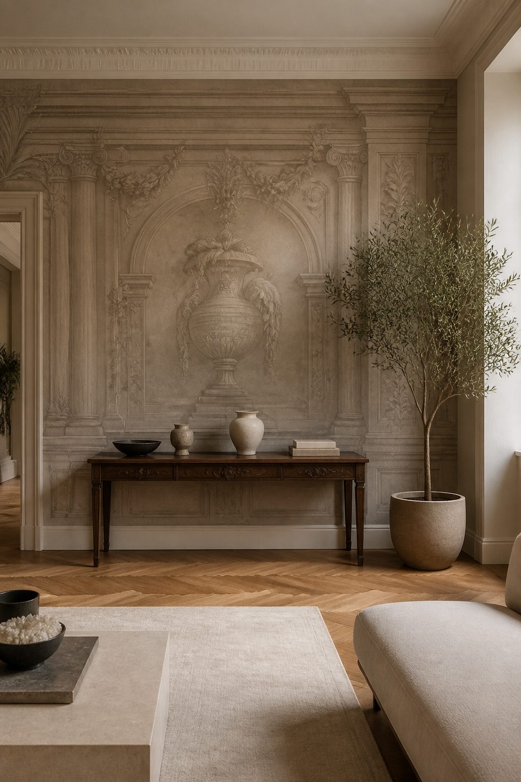 Grisaille mural showcasing architectural elements in gray and taupe.