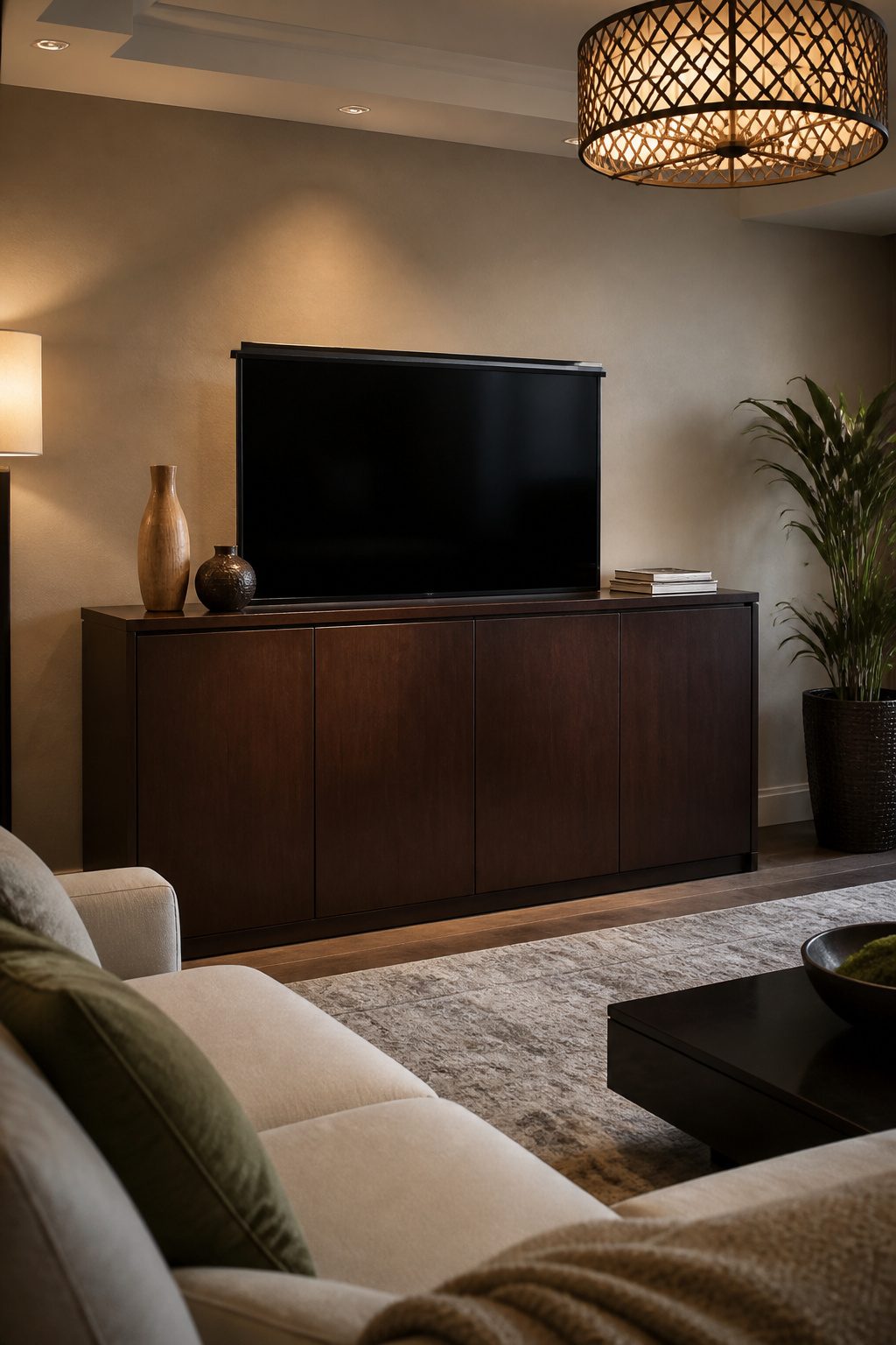 A motorized lift mechanism inside a cabinet for a TV.