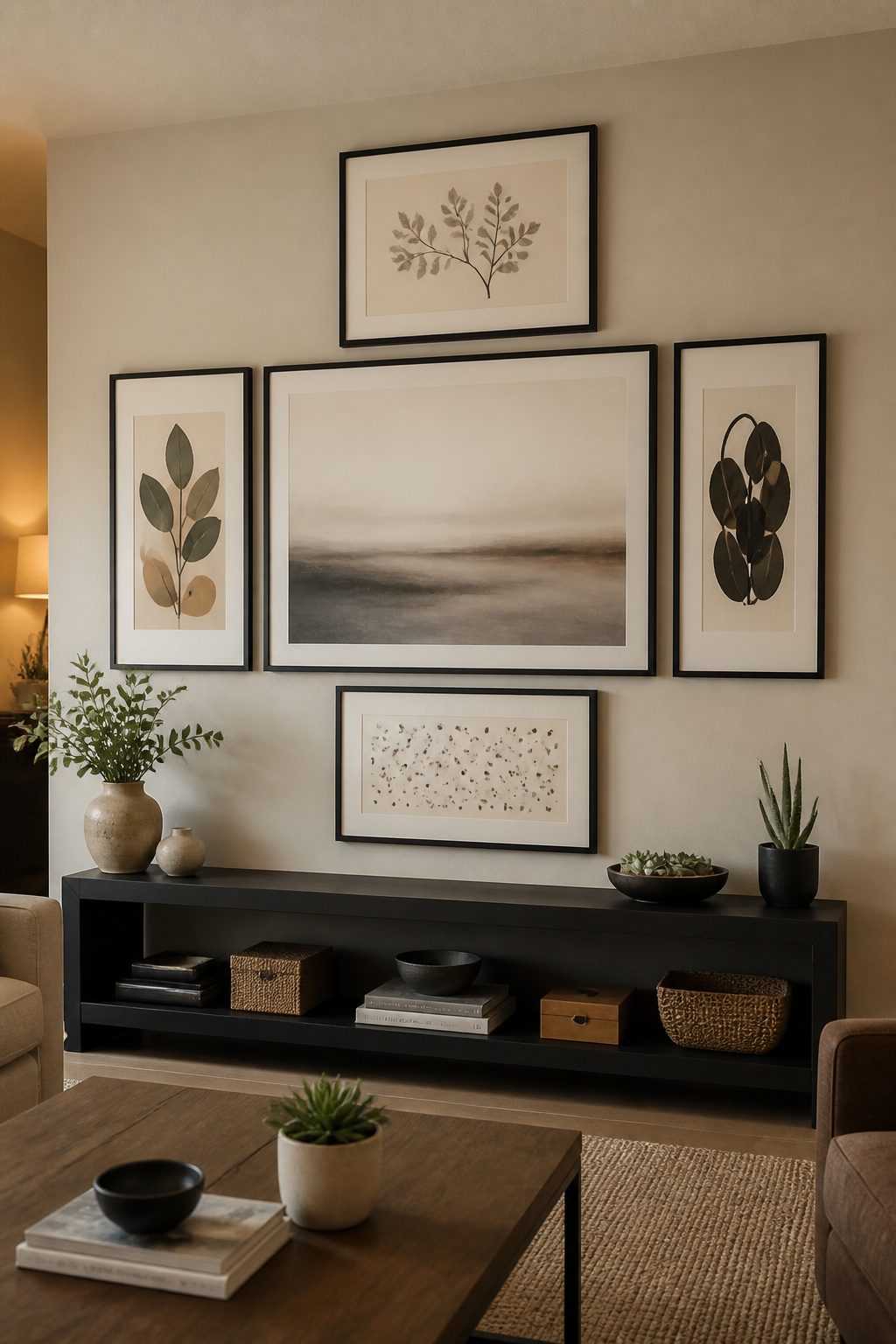 A gallery wall featuring black frames surrounding a TV.