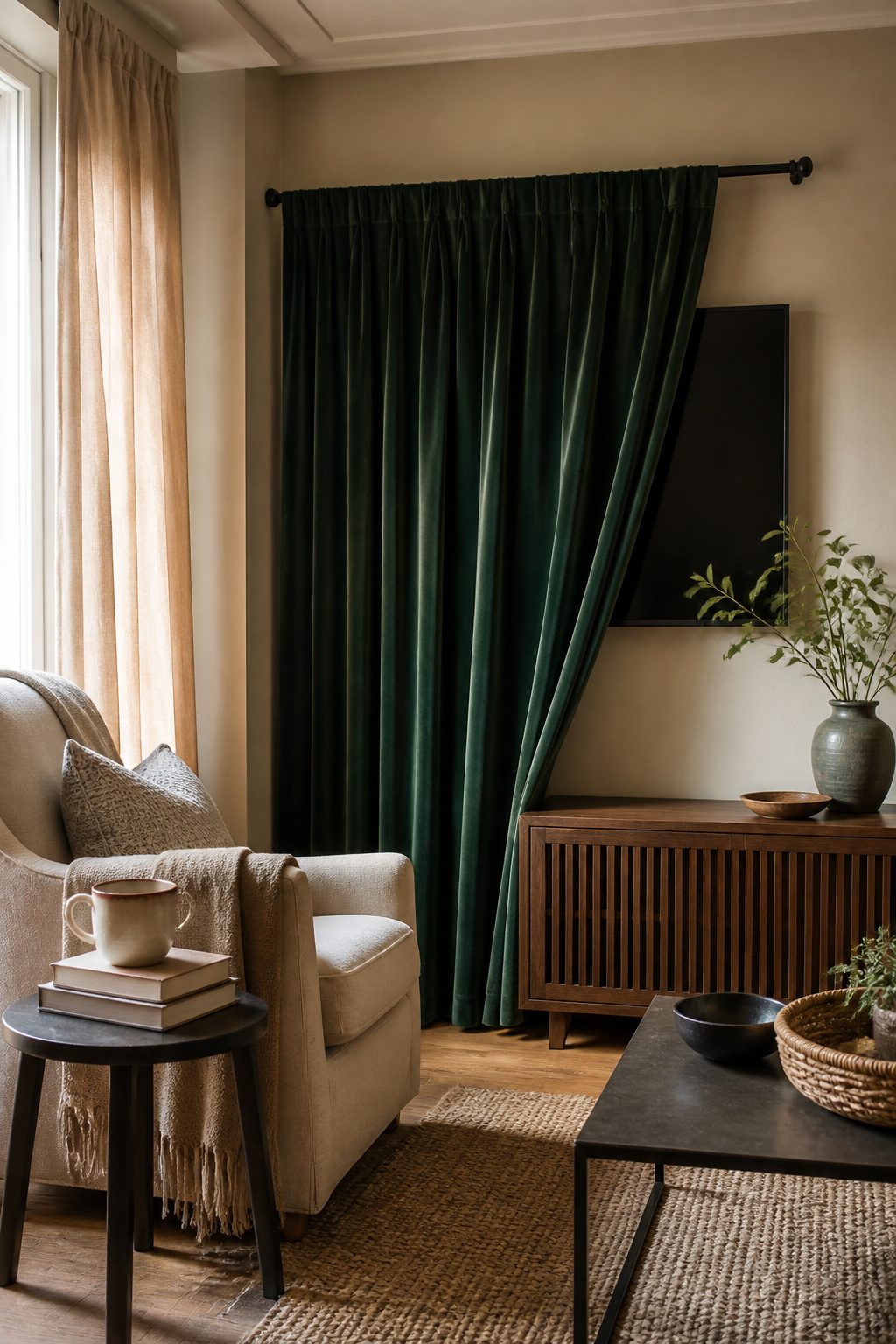 A velvet curtain covering a TV in a cozy room.