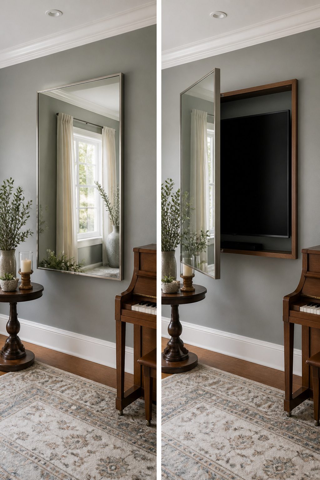 A mirror that swings open to reveal a TV behind it.