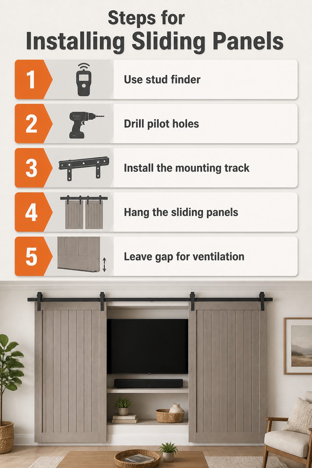 Sliding panels mounted above a TV niche in a wall.